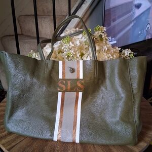 Chic Olive Green Tote with Stripes